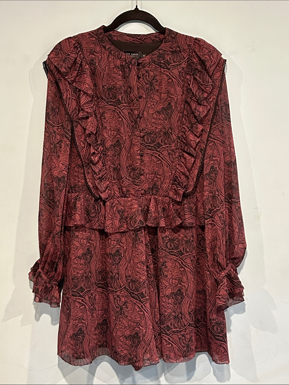 Ted Baker Lilei Printed Ruffled Romper size 10 Plum Black Botanical Print